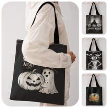 1pc Halloween Skull Print Shoulder Tote,Large Capacity For Books,Groceries & Daily Beach Travel School Use. For Students, Great Daily Bag Or Gift - Multicolor - View 1