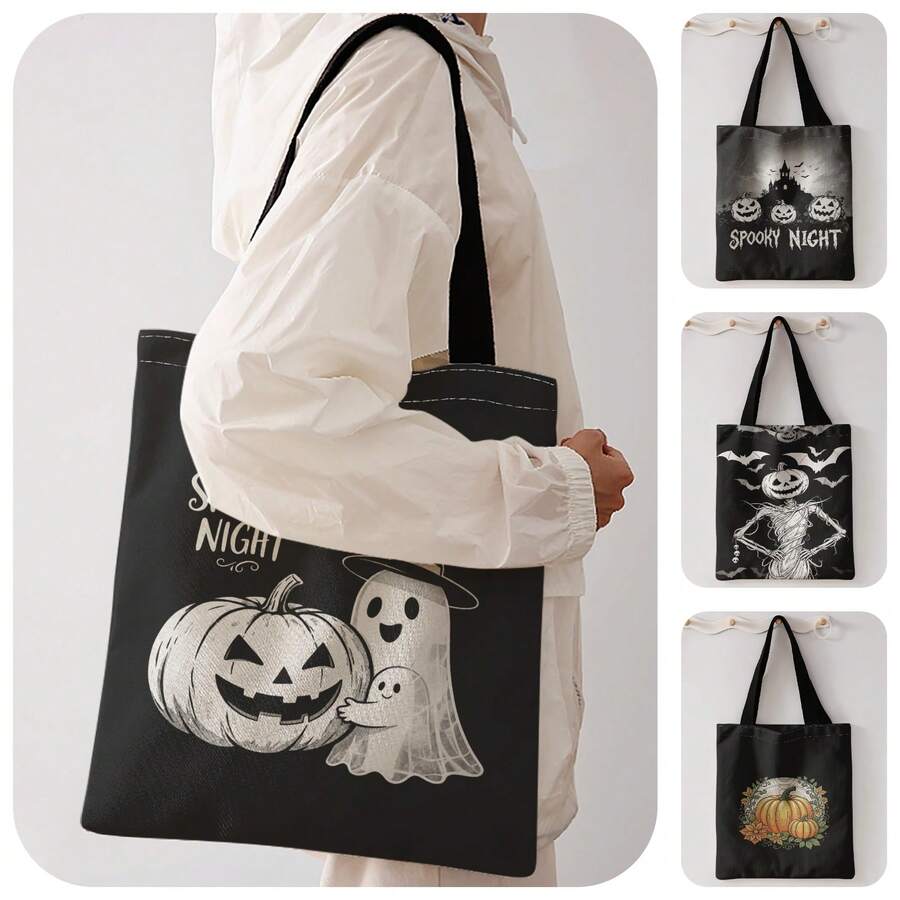 1pc Halloween Skull Print Shoulder Tote,Large Capacity For Books,Groceries & Daily Beach Travel School Use. For Students, Great Daily Bag Or Gift - Multicolor - View 1