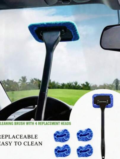 Durable Long Handle Car Windshield Cleaner - Easily Protect And Polish Glass, Includes 4 Replacement Cloths