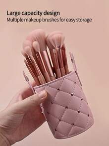 1pc Hot-Selling Pink Rivet Buckle Dustproof Waterproof Covered PU Makeup Brush Storage Bucket, Portable Travel Beauty Tool Large Capacity Storage Cylinder - Pink - View 4