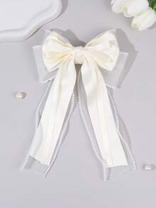 1pc Beige Grosgrain Ribbon Hair Bow For Girls Pearl Lace Trim Decor Long Streamer Alligator Clip Sweet Daily Hair Clips Kids Hair Accessories - Beige - View 9