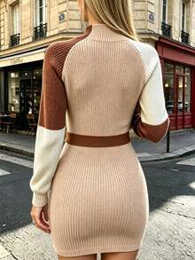 Soft Knitted Dress With Colorblock Raglan Sleeves, Chunky Knit Texture Patchwork Design, Matching Bow Waist Belt, Autumn/Winter Date Night Vibe Dress - Multicolor - View 2