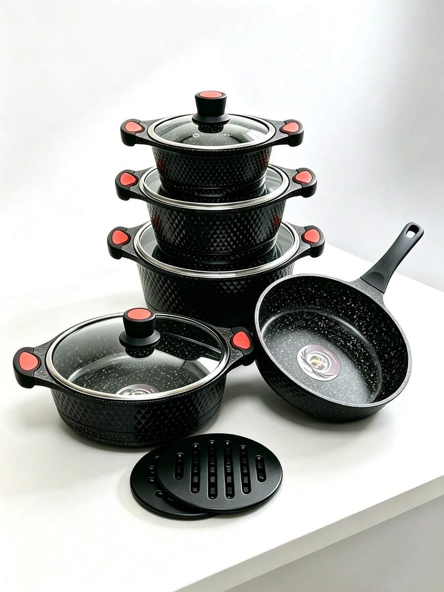11Pcs/6Pcs Non‑Stick Cookware Set,Marble Coating Aluminum Pots & Pans Set With Glass Lids, Heat‑Resistant Handles, Easy To Clean,Induction Compatible, Multi‑Size Cooking Pots Frying Pan For Home Kitchen - View 1