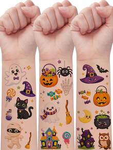 10 Sheets, With 116pcs Halloween Cartoon Element Pattern Temporary Tattoo Stickers, Featuring Pumpkin, Vampire, Zombie, Bat, And Spider Designs, Waterproof And Lasts 2-5 Days, Suitable For Parties - Multicolor - View 3
