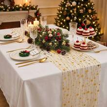 1pc Transparent Mesh Star Garland Christmas Holiday Table Runner, Elegant Thin Mesh Glitter Tablecloth Centerpiece Home Decor For Holiday Birthday Party Dinner, Gold And Silver - Gold - View 5
