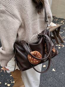 Nicekee Casual And Stylish Large Capacity Handbag With Pendant, Retro And Simple Solid Color Shoulder Bag, Suitable For Commuting Shopping - Coffee - View 5