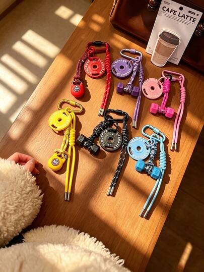 Fitness Gym Weight Plate Dumbbell Kettlebell Keychain, Sports Workout Bag Charm With Braided Rope Carabiner Clip, Gym Lover Accessories For Men Women