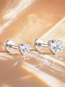 AnlaScheer 1pc Silver Tone S925 Sterling Silver Moissanite Flat Stud Earrings, Women's Fashion Piercing Jewelry, Suitable For Daily Wear, Party, Date And Gift - Silver - View 6