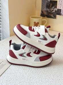 Children's Beige, Burgundy, Grey Colorblock PU Leather Breathable Non-Slip Shock-Absorbing Wide Round Toe Hook And Loop Thick Sole Retro Sneakers, Versatile For Kindergarten And Primary School, Spring And Autumn, Dirt-Resistant And Breathable - Red - View 5
