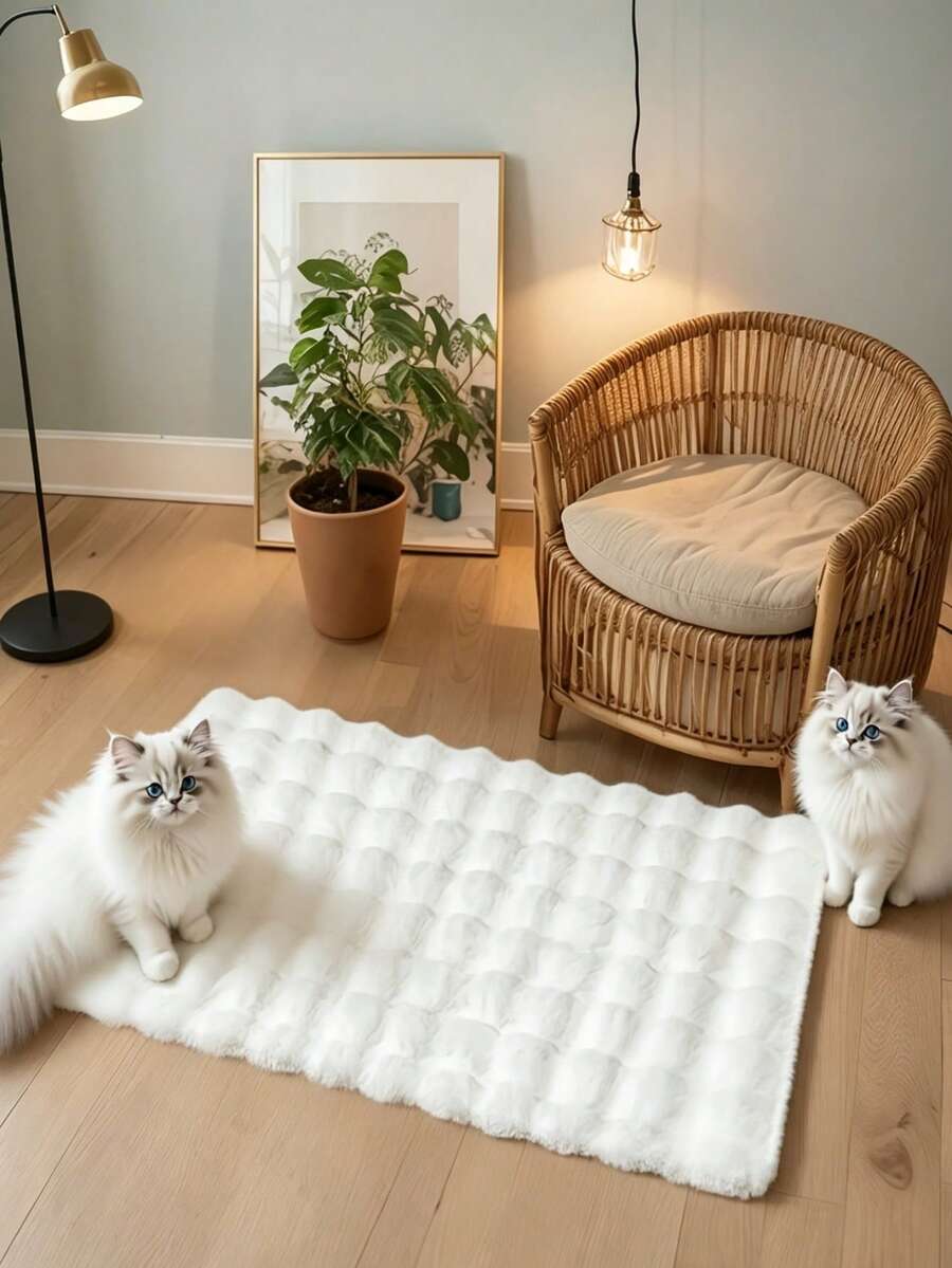 1件白色3D格紋仿兔毛泡泡絨地墊,裝飾地毯,蓬鬆柔軟觸感,光滑舒適,時尚家居裝飾,親膚材質,防滑底面,低掉毛,易護理且可機洗,適用於臥室、客廳、走廊、書房、梳妝台、步入式衣櫥等,臥室地毯 - 白色 - 查看 1