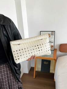 純色 PU 皮革輕量大容量翻蓋磁扣小方包，多功能派對與晚餐包，適合女性 - 白色 - 查看 10
