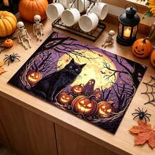 1pc Dish Drying Mat, Coffee Machine Mat, Halloween Black Cat Theme Dish Drying Mat, Vintage Moon Night Ghost Pumpkin Pattern, Suitable For Holiday Tabletop Decoration, Vintage Atmosphere Home Decor, Multi-Purpose Drying Mat, Family Gift, Tabletop Decoration - XYLSD-998 - View 2