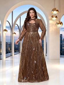 Plus Size Summer/Autumn Elegant High Neck Hollow Out Sequin Beaded A-Line Maxi Dress, Long Sleeve Sheer Tulle Formal Gown - Coffee Brown - View 7