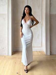 1pc Solid Color Elegant Knit Fabric Lace Patchwork Dress For Wedding Beach Summer - White - View 2