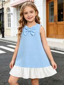 Girls' Sleeveless A-Line Summer Dress With A Front Bow And White Ruffled Hem, Perfect For Casual Vacations Or Birthday Parties For Young Girl - Baby Blue - View 1