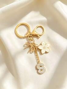 1pc Bowknot Flower Letter Keychain, Rhinestone Studded English Letter Pendant, Sweet Style Metal Bowknot White Flower Rhinestone Letter Keychain, Personalized DIY Letter Bag Charm, Car Key Chain For Girls - Flower Letters - View 15