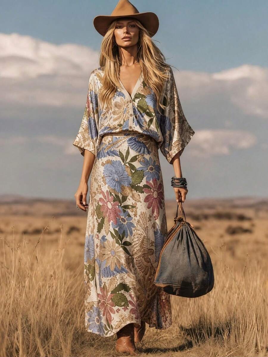YI XUAN Elegant Bohemian Style Women's 2 Pieces Set, Slightly Stretchy Loose Fit, Perfect For Summer Casual Vacation
