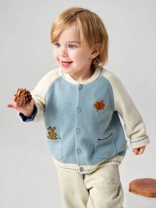 mini bala Boys Fluffy Animal Pattern Cardigan Soft Color‑Block Raglan Sleeve Knit Top For Autumn Winter - Gray Blue - View 2