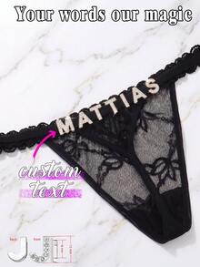 Customized Name Letter Pendant Lace Thong Panties, Personalized Sparkling Rhinestone Sexy Lingerie, Creative Gift For Women's Birthday, Anniversary, Valentine's Day - Black - View 2