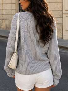 YuwenierPOP Vintage Casual Grey Ribbed Knit Cardigan Round Neck Black Buttons Lantern Sleeve Raglan Sleeve Sweater Autumn/Winter Layering Style - Grey - View 6