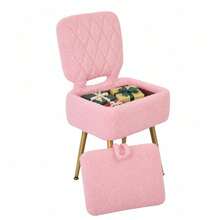 Techigher Sherpa Fleece Vanity Chair With Storage, Dressing Table Stool With Foldable Backrest & Metal Legs, Soft Sherpa Makeup Chair Storage Ottoman For Bedroom, Dressing Room - Multicolor - View 11