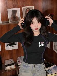 Women's Black Slim Fit Cropped T-Shirt, Heart & Letter Print, Autumn Long Sleeve Base Layer, Y2K Top - Black - View 3