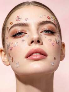 1pc Colorful Butterfly & Flower Face Makeup Sticker, 3D Embossed Floral Leaf Butterfly Letter Pattern, Easy To Apply And Remove, Suitable For Photoshoot, Evening Party Theme Styling, Facial Atmosphere Decoration Sticker - Multicolor - View 4