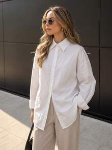 1pc Women's Solid Color Pointed Collar Blouse, Folded Cuff Loose Drop Shoulder Long Sleeve Commuter Versatile All-Match Shirt White - White - View 5