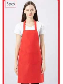 1/2/5pcs Women's Polyester Apron Set, Simple Red Apron With Pockets, Thickened Waistband, Fashionable Home Kitchen Workwear, Kitchen Supplies - Red - View 10