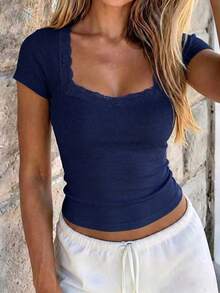 NOIRLYN Women's T-Shirt, Summer Y2K Sexy Lace Patchwork Casual Square Neck Short Sleeve Top - Navy Blue - View 7