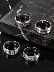 4pcs Men's Ring Set, Stainless Steel Engraved Pattern, Minimalist Style Daily Basic Men's Jewelry - Silver - View 2