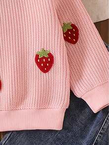 Baby Girl Pink 3D Strawberry Waffle Knit Short Sweatshirt & Bud Waist Wide Leg Denim Jeans 2-Piece Set, Soft Textured Top, Spring/Autumn Casual Versatile Outfit - Pink - View 5