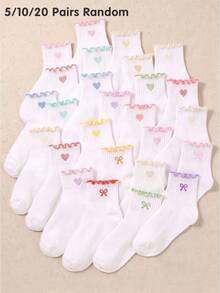 20/10/5 Pairs Random Sweet Heart Ruffle Trim Girls Socks, Soft Breathable Mid-Calf Socks, Back To School Autumn Socks, Halloween Christmas Party Socks - Multicolor - View 4