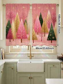 2 piezas de cortinas decorativas con tema navideño, patrón de árbol de Navidad rosa, adecuadas para decoración del hogar, decoración de ventanas, decoración de ambiente navideño para el hogar - Multicolor - Ver 14