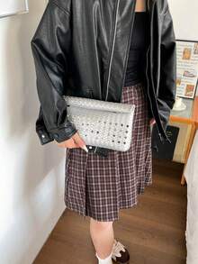 純色 PU 皮革輕量大容量翻蓋磁扣小方包，多功能派對與晚餐包，適合女性 - 銀色 - 查看 8