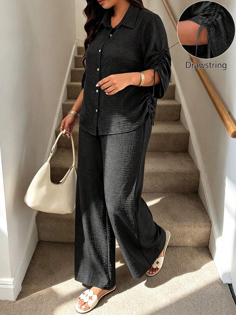 Women's Plus Size Spring/Summer Drawstring Tie Sleeve Minimalist Commuter Blouse - Black - View 1