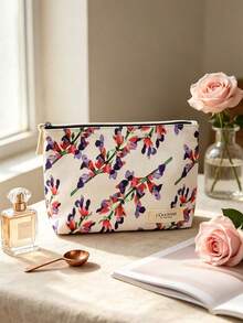 L'Occitane Watercolor Lavender Floral Print Canvas Zipper Makeup Bag Portable Travel Cosmetic Storage Pouch For Daily Outing Vacation Birthday Holiday Gift For Women LOCCITANE‑GIFT‑63 - White + Purple + Red - View 1