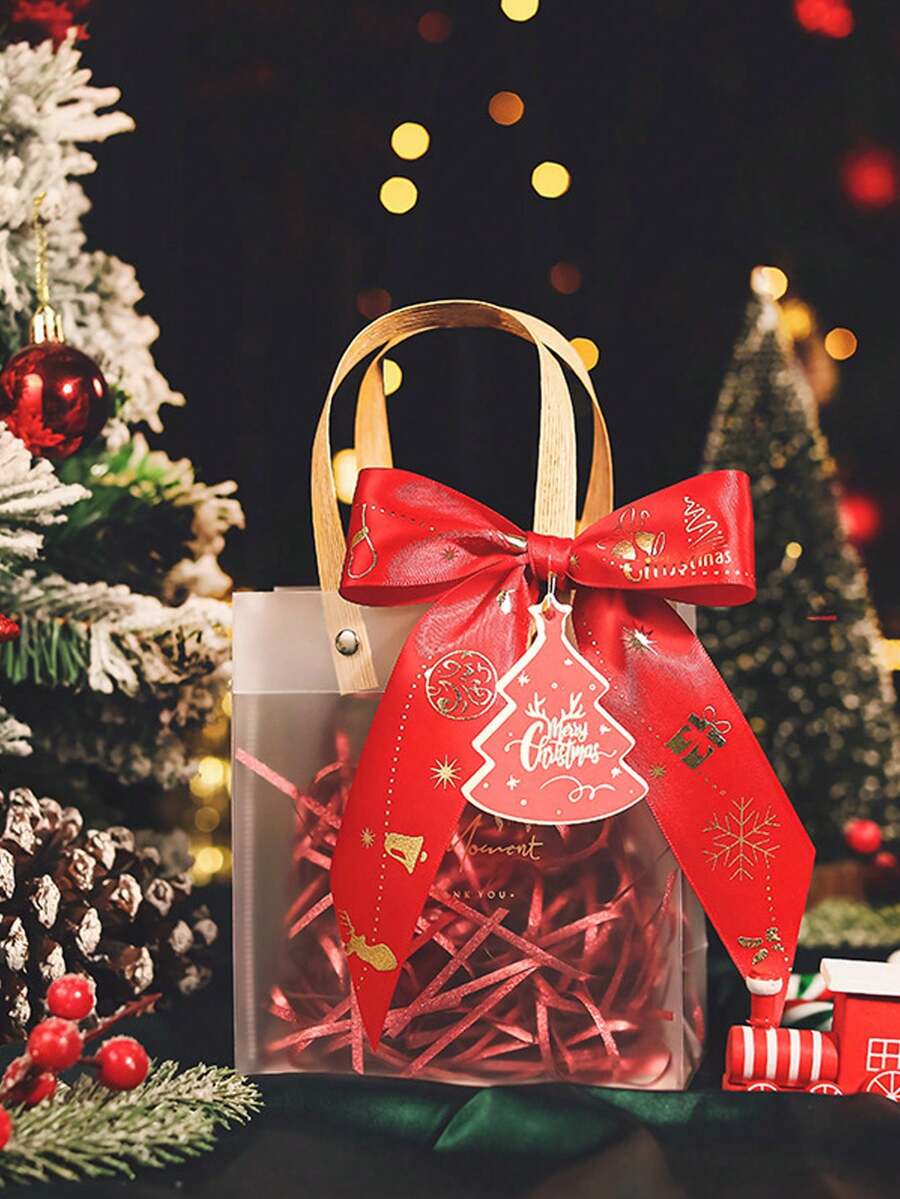 Christmas Gift Bag Set (Includes Tote Bag, Christmas Tree Tag, Ribbon And Raffia); Non-Electric; Gift Packaging Supplies; Exquisite Portable Gift Bags, Suitable For Christmas, Christmas Eve, Birthday, New Year, Holiday Party And Thanksgiving