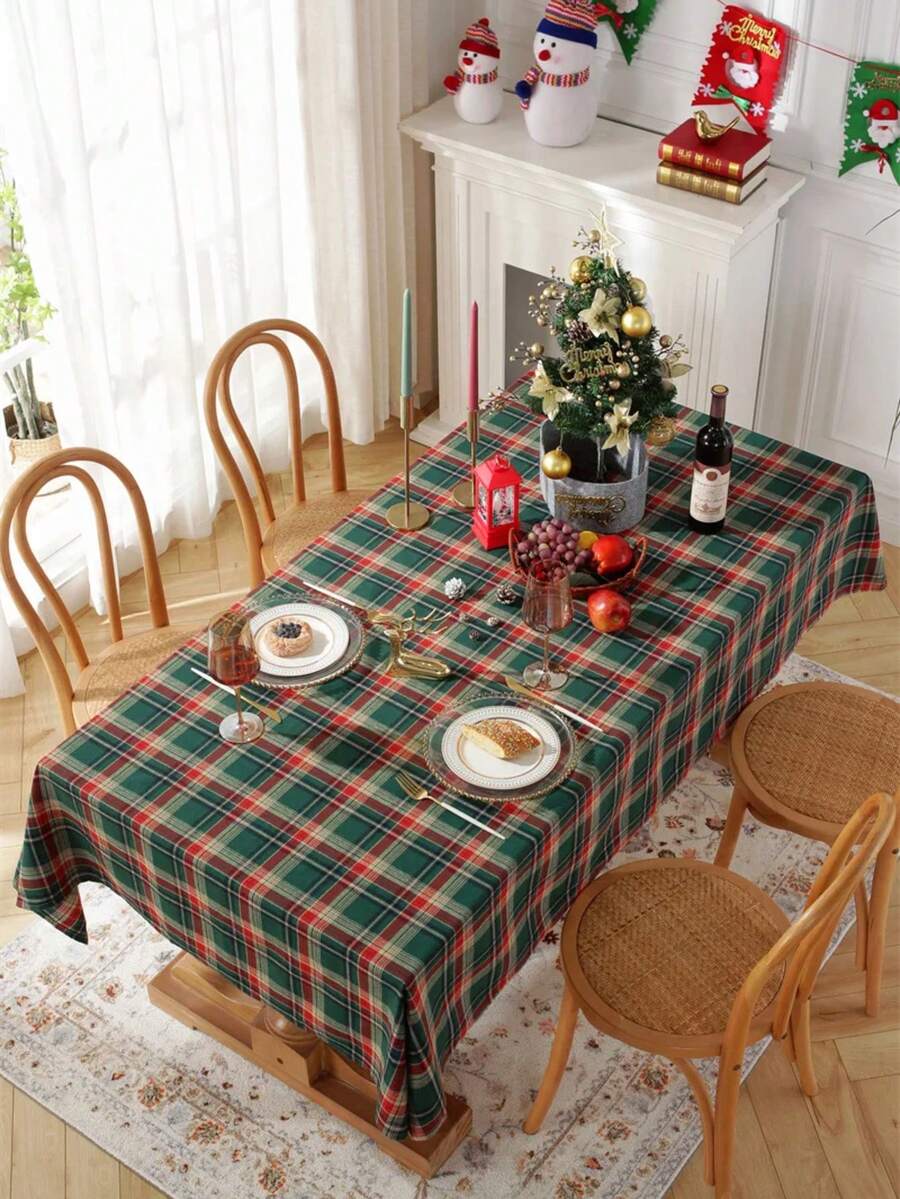 1pc Christmas Red & Green Plaid Tablecloth, Home Dining Table Decor Cloth, Christmas Party Atmosphere Table Mat - Green - View 1