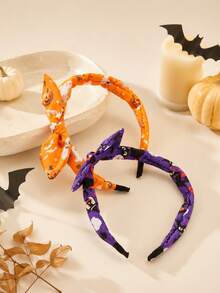 2pcs Halloween Girls Rabbit Ear Headbands, Pumpkin Ghost Bat Black Witch Skull Printed Fabric Headbands, Party & Daily Hair Accessories - Multicolor - View 4