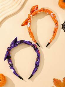 2pcs Halloween Girls Rabbit Ear Headbands, Pumpkin Ghost Bat Black Witch Skull Printed Fabric Headbands, Party & Daily Hair Accessories - Multicolor - View 5