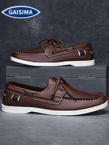 GAISIMA Men's Contrast Stitching Boat Shoes, Vintage Casual Lace-Up Loafers, Daily Business Commute Spring Autumn Slip-On Moccasins - Brown - View 3