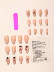24pcs Graduation Cap Diploma Star Almond Shaped Press-On Nails, Graduation Party Commemorative Fake Nails With Full Tool Set, Reusable Nail Tips - Multicolor - View 5