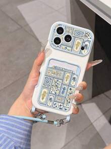 Ocean Coconut Tree Lemon Bohemian Floral Patchwork Pattern Fashion Card Holder Lanyard TPU Shockproof Phone Case, Compatible With Apple 11/12/13/14/14plus/15/15plus/16/16plus/17/17pro/18Pro/18ProMax Series Phone Protective Shell, Holiday Gift, Daily Commute, Daily Shockproof Highly Attractive Style - Baby Blue - View 6