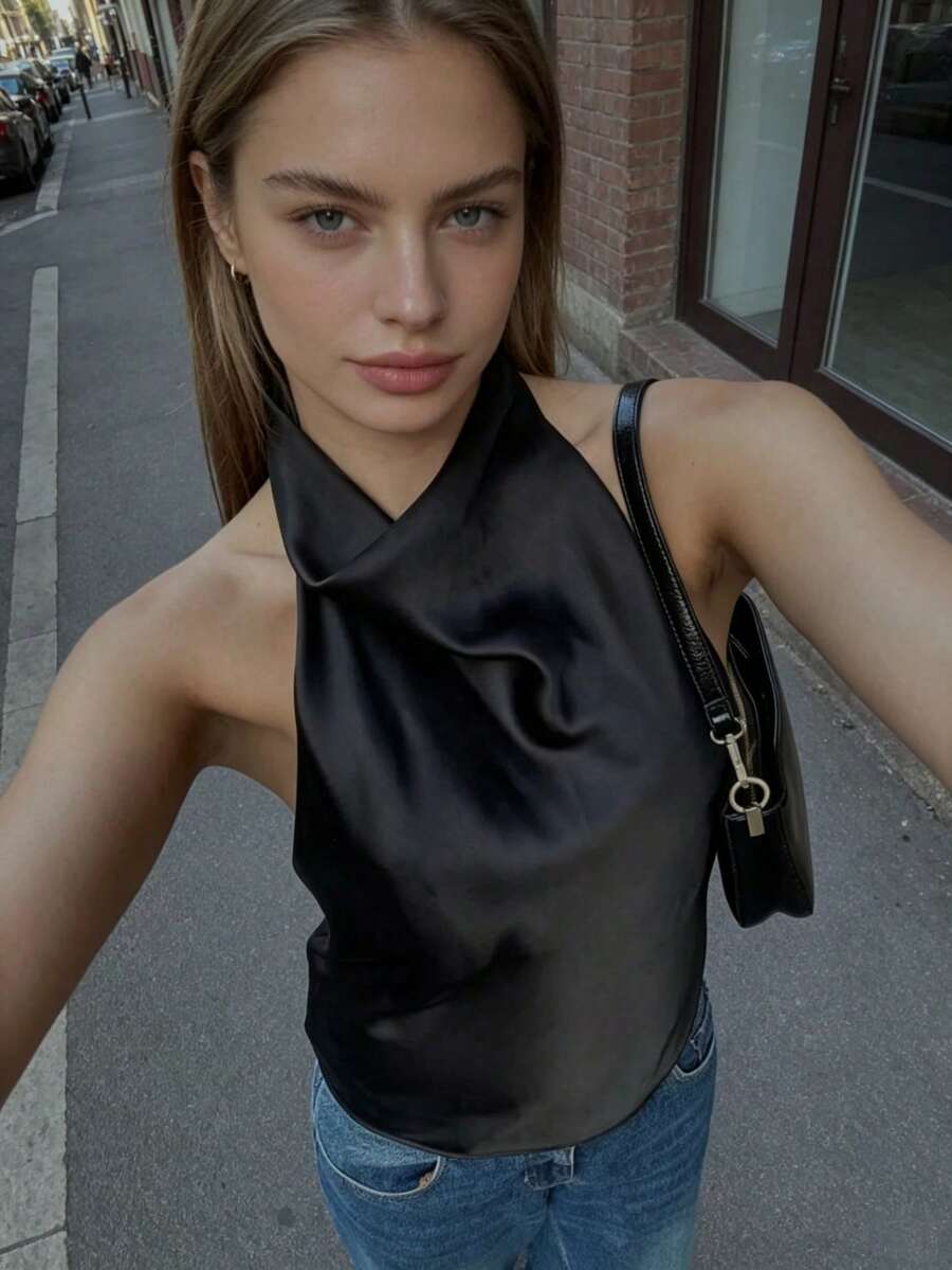 Seelio Summer New Women's Fashion Satin Texture Elegant Halter Neck Top Black - Black - View 1