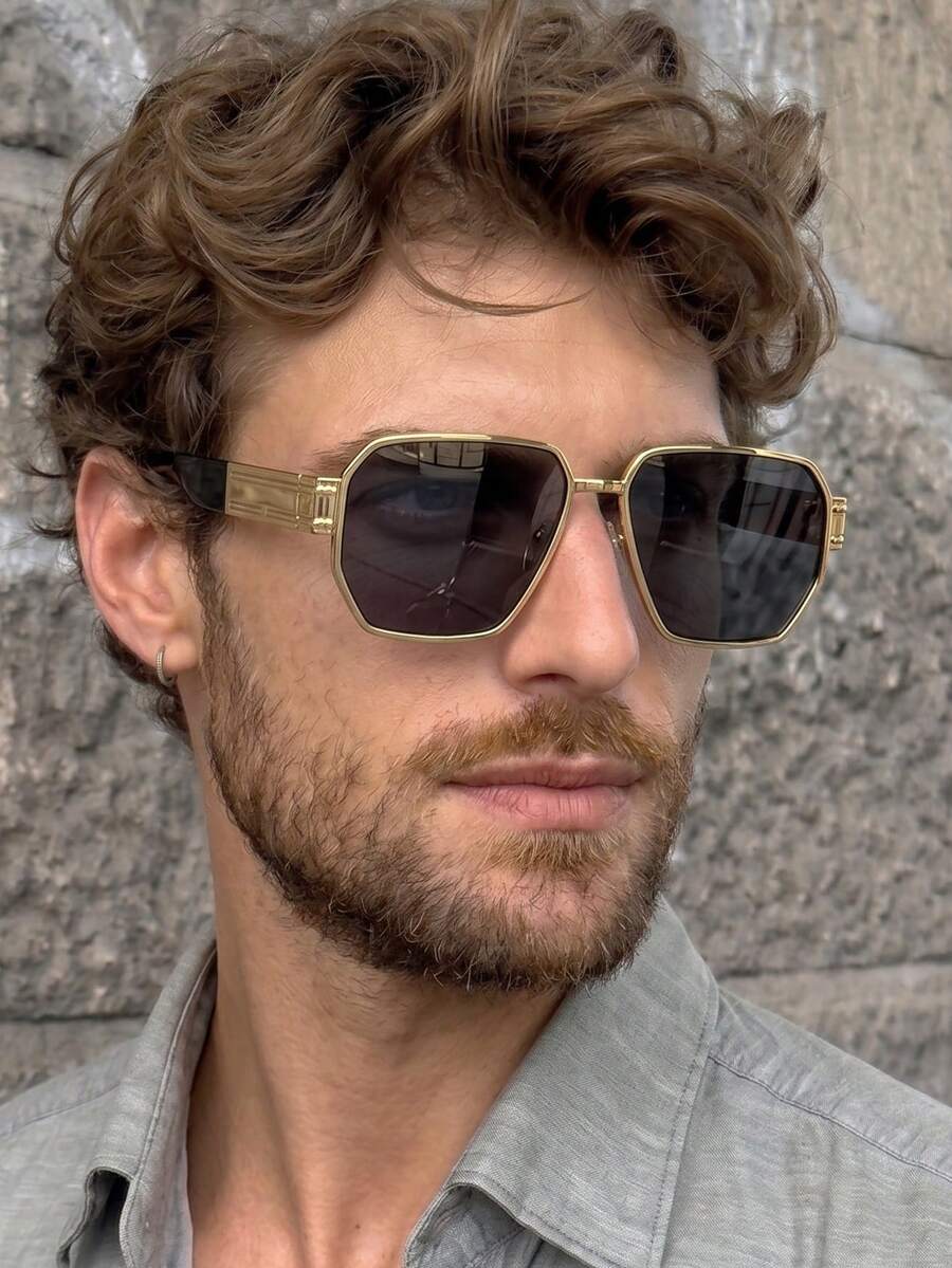 1 Pair Men's Oversized Square Frame Personalized Street Style Fishing Sun Protection Fashion Glasses - Gold Gray - View 1