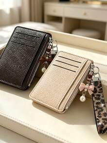 Slim Pu Leather Card Holder Wallet,Multi Card Slots Coin Purse With Rhinestone Wristlet Strap Bow Pendant Keychain, Portable Id Card Case Daily Use - Multicolor - View 7