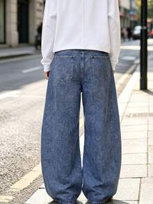 1 buah Celana Jeans Pria American Vintage Motif Kepingan Salju Biru Model Longgar Kaki Lebar Potongan Melengkung - Biru - View 3
