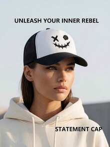 Y2K Dark Style Graffiti Smiling Face Mesh Cap, Casual Versatile Sun Hat, Unisex Baseball Cap - Multicolor - View 5