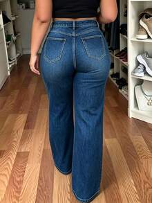 Washed Denim High Waist Draped Wide Leg Long Casual Jeans Plus Size Women's Denim Pants Fall - Dark Blue - View 4